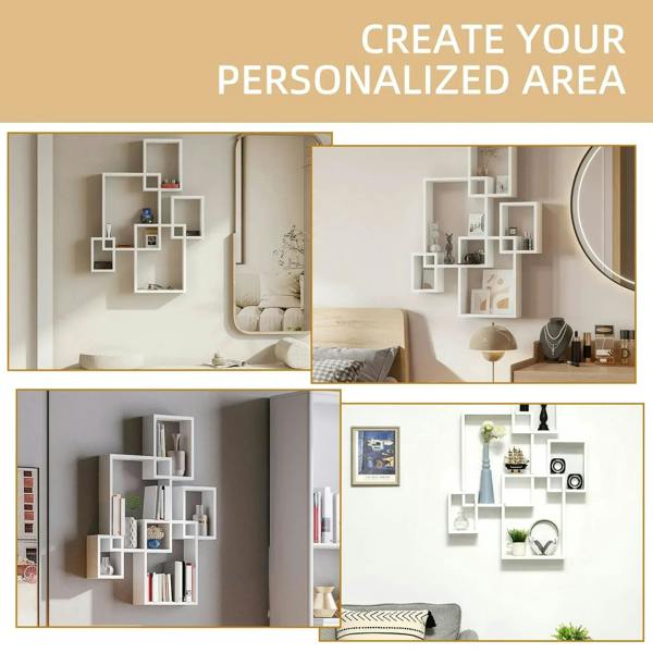 White cube wall shelves showing multiple layout options with open compartments