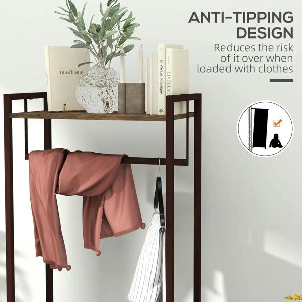 Compact clothes rail with rustic brown frame, top shelf, and grey non-woven drawers