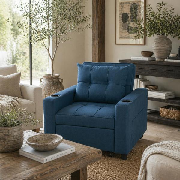 Wyld Haus Norapa Fabric Dark Blue 3 In One Convertible Single Sofa Bed