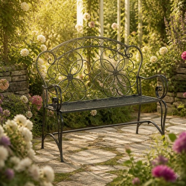 AcaciaHome Vintage 2 Seater Wrought Iron Garden Bench - 111cm Green / Gold