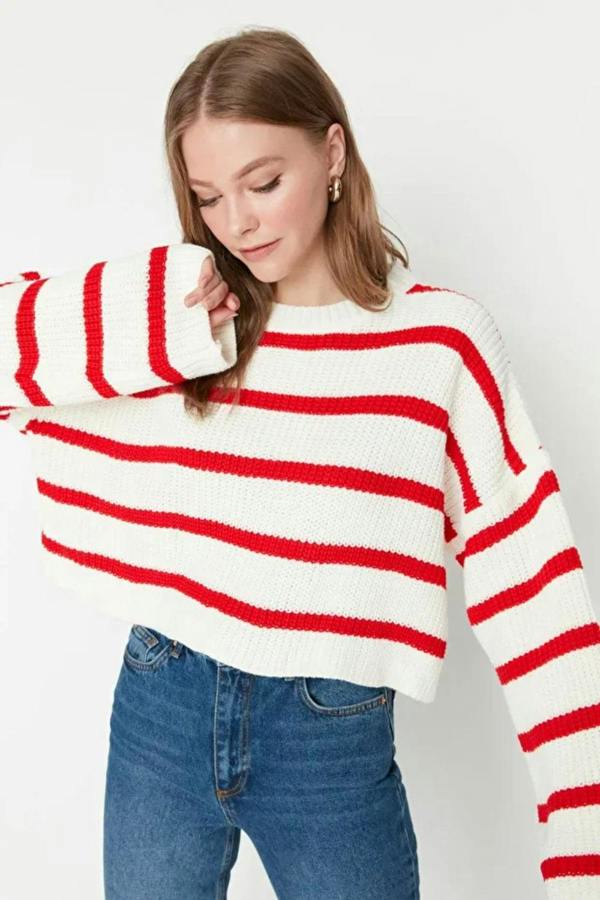 Hoxton Gal Cropped Basic Striped Oversized Knit Sweater