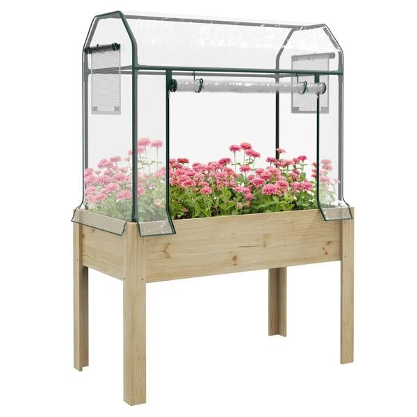 Raised wooden planter box with clear greenhouse cover and hinged window panels