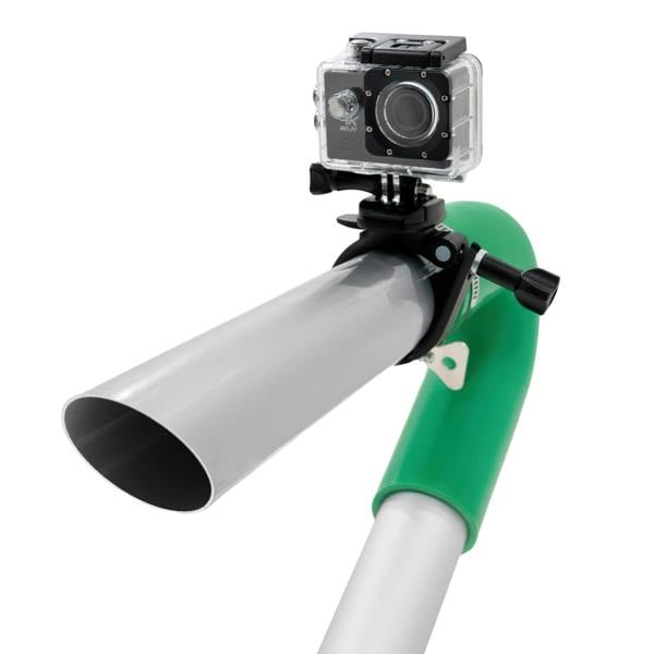 Gutter vacuum pole with a shiny silver nozzle and green handle, featuring a mounted camera for enhanced visibility during cleaning