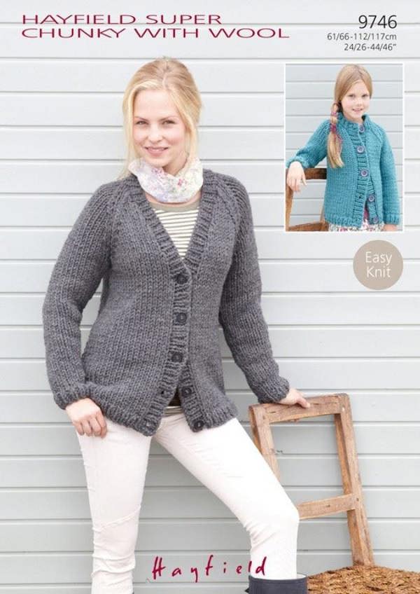 Hayfield With Wool Super Chunky Knitting Pattern 9746, Cardigans for Kids, Women, 24 - 46 Inches - Easy