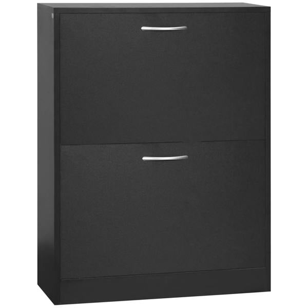 Black narrow shoe cabinet with two stacked flip doors and metal pull handles