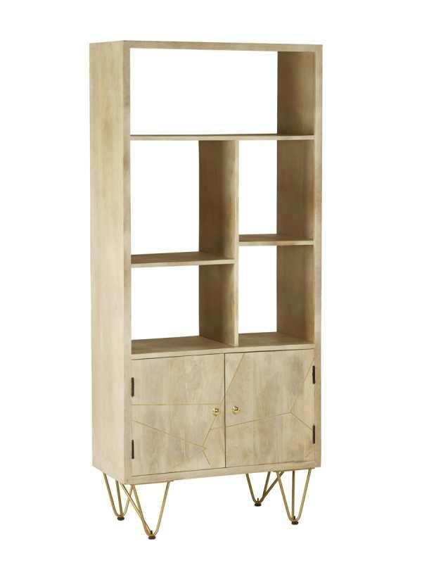 Wyld Haus Manila Light Gold Large Bookcase 2 Doors 5 Shelves