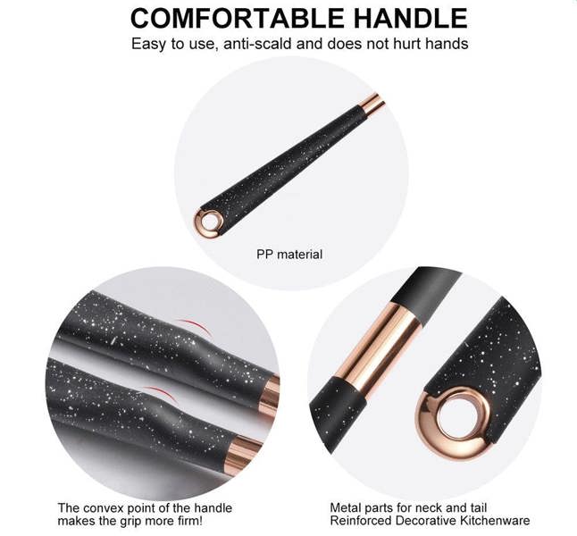 Anygleam Nonstick Kitchen Utensils Set Black 5pcs Gold Handle with Support Point Storage Box Heat Resistant Cooking Tools Accessories