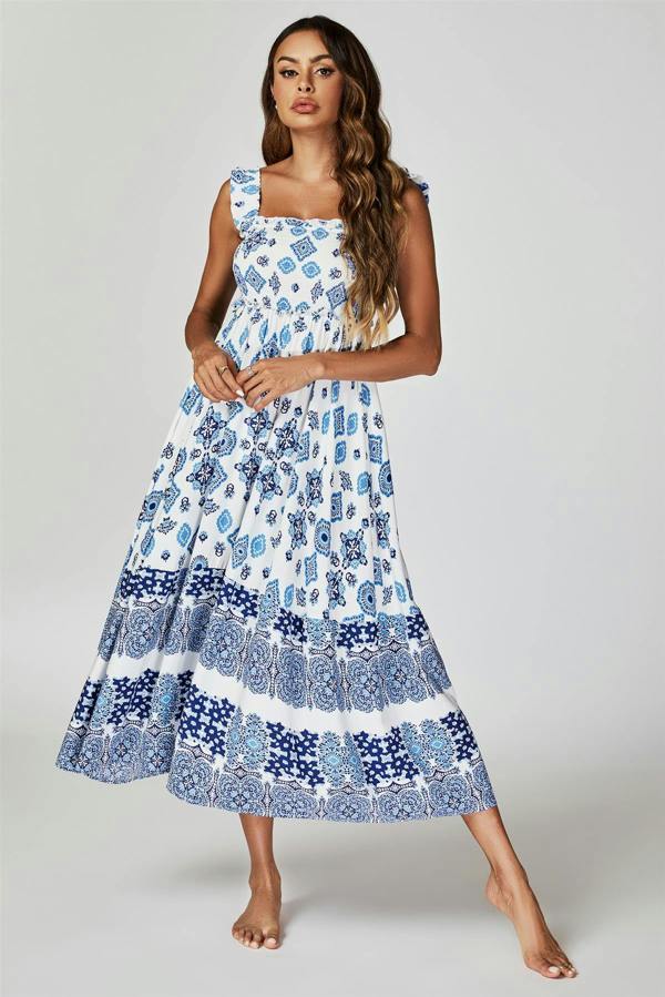 FS Collection Blue Border Print Hem Detail Tiered Maxi Dress In White