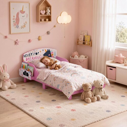AIYAPLAY Toddler Bed with Bedside Storage, Guard Rails - Pink