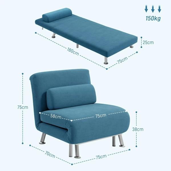 Blue velvet-feel sleeper chair with size dimensions diagram, folding seat, silver legs