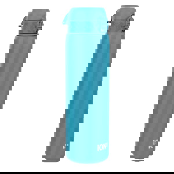 A teal water bottle stands upright against a white background. The bottle features a flip-top lid and the brand name "ION8" is printed near the base.