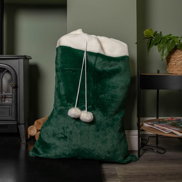 Samuel Alexander 80x55cm Green Christmas Sack with White Cuff and Pom Poms