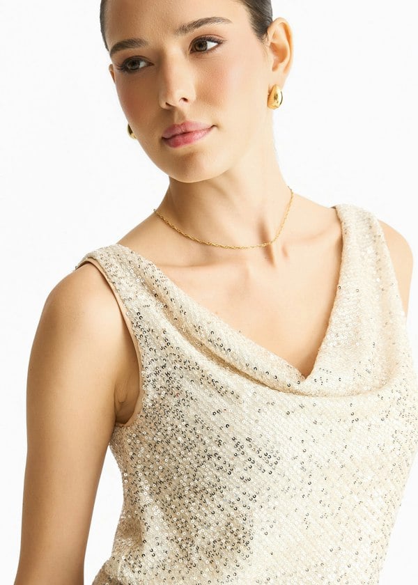 Gini London Champagne Sequin Cowl Neck Cami Top