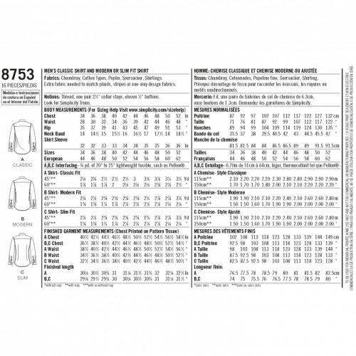 Simplicity Sewing Pattern 8753, Shirts for Men, AA (34-36-38-40-42) - Intermediate