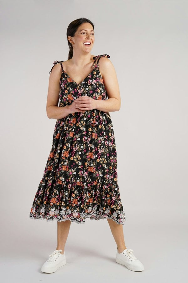 Antonia York Black Floral Sundress | Natalia Softly Gathered Strappy Dress with Broderie Anglaise Flounce