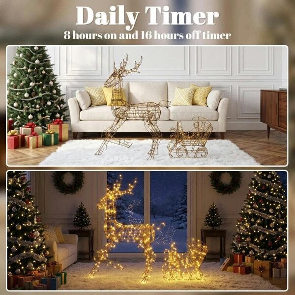 Bobobiy Lighted Reindeer and Sleigh Set, 2-Piece PP Rattan Outdoor Christmas Decoration with LEDs, 8 Modes, Daily Timer
