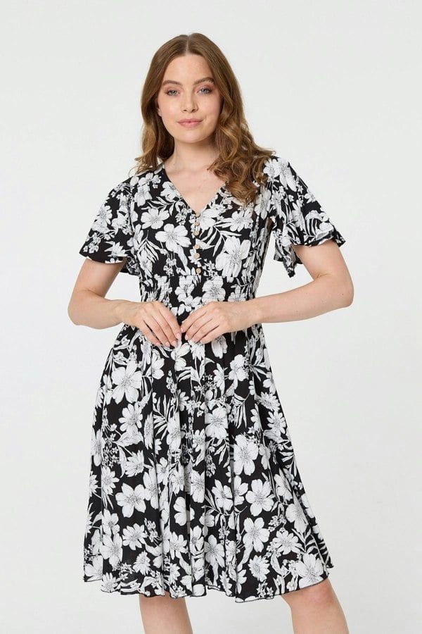 Black | Floral Shirred Knee Length Dress