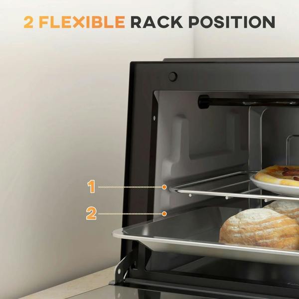 Black mini oven interior with adjustable wire rack positions, door open.