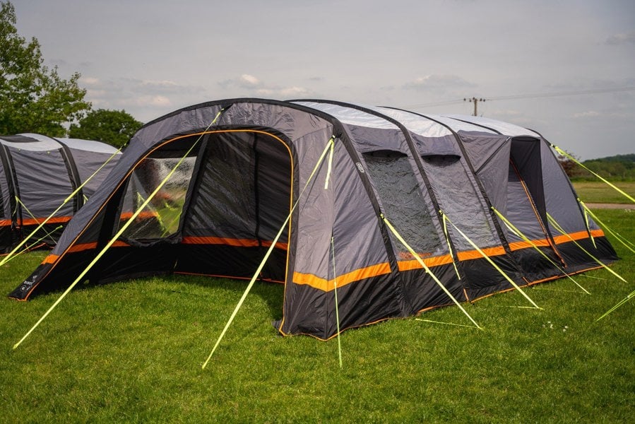 The Discovery 6 Berth Inflatable Tent shot from the outside with the door off