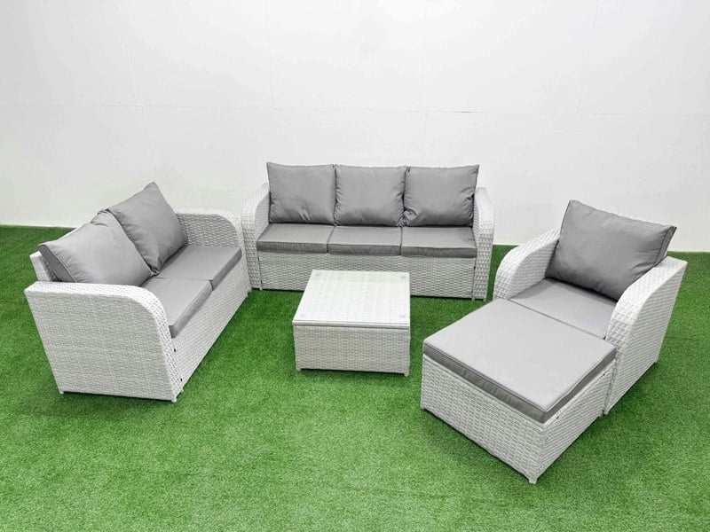 Fimous Patio 7 Seater Outdoor Rattan Furniture Sofa Sets with Square Coffee Table Reclining Chair Loveseat Sofa 3 Seater Sofa Big Footstool Light Grey