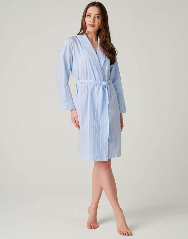 British Boxers Women's Cotton Mid-Length Dressing Gown – Breezy Blue Satin Stripe