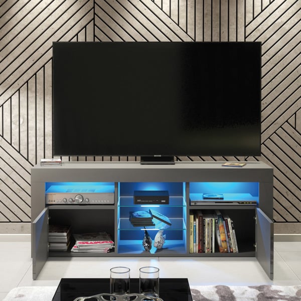 Mex Furniture Stylish Modern 145cm TV Unit with Grey Gloss Doors, and Free LED