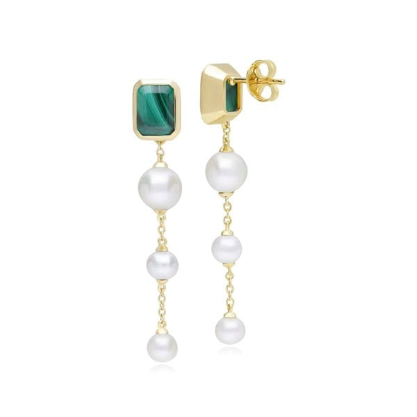 270E034002925 ECFEW™ Unifier Malachite & Pearl Dangle Drop Earrings In Yellow Gold Plated Silver 4