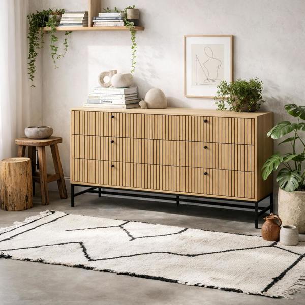 Wyld Haus Bjork Natural Oak Wood and Black Panelled Wide Chest of 6 Drawers