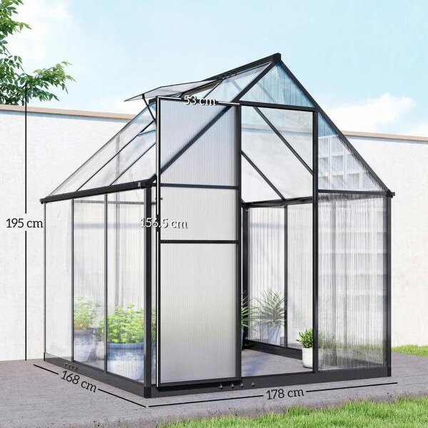 6 x 5.5ft Polycarbonate Greenhouse, Quick Setup Walk in Green House, Push Door, Adjustable Roof Vent, Rain Gutter, Black