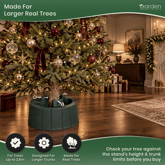 Large Trunk Christmas Tree Stand with Large Water Tank, For Trees up to 2.6m Tall, 3 Screw Clamps for 35–130mm Trunks, 6.2L Capacity, 40cm Diameter