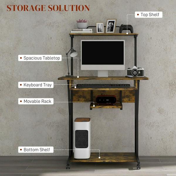 Multi-storage work desk with sliding keyboard tray, spacious top and bottom storage shelf