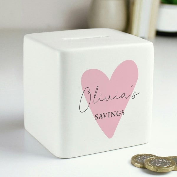 Personalised Memento Company Personalised Pink Heart Ceramic Square Money Box