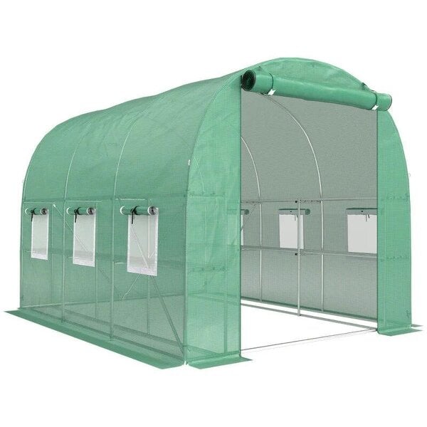 Walk-in Greenhouse with Shelves, Polytunnel Greenhouse with Roll-Up Door, 6 Mesh Windows,198 x 275 x 191 cm, Green