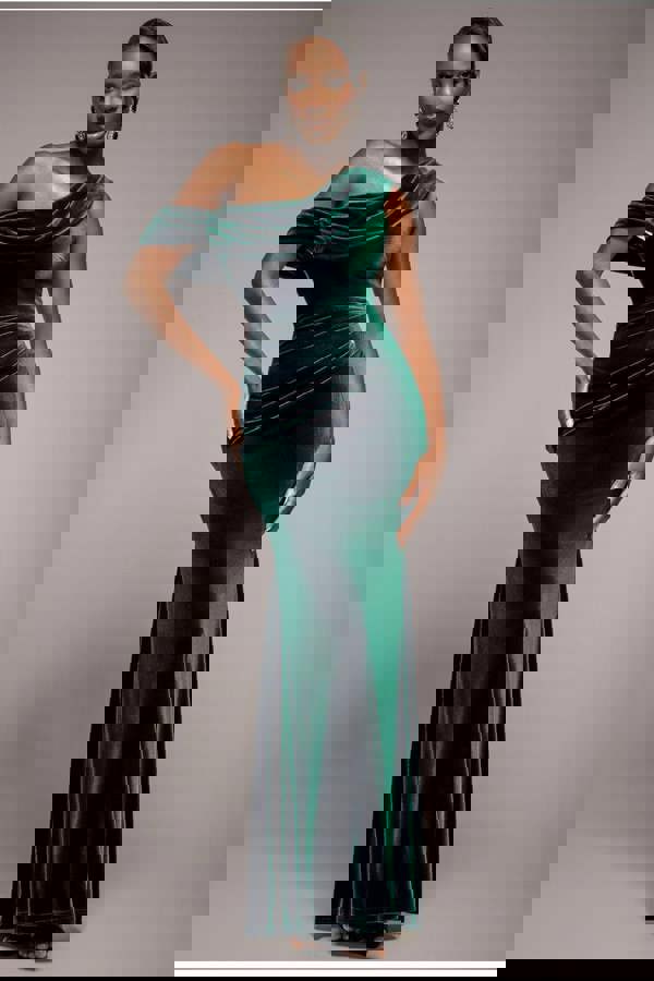 Cowl One Shoulder Velvet Maxi Dress - Emerald Green DR4504