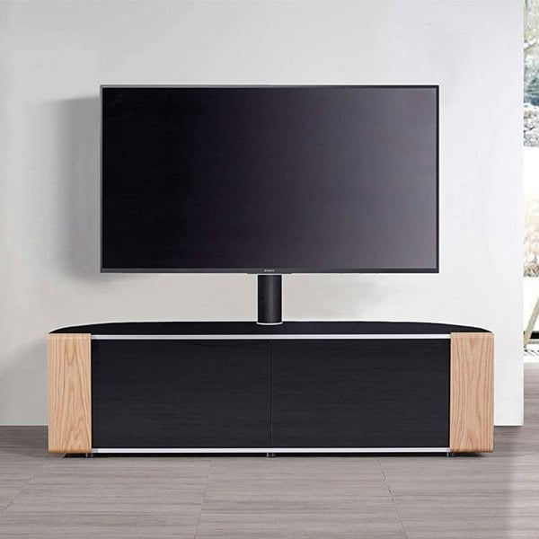 MDA Designs Sirius 1600 Cabinet with BeamThru Remote-Friendly Gloss Black with Walnut & Oak Interchangeable Trims for TVs up to 65" & Mounting Bracket