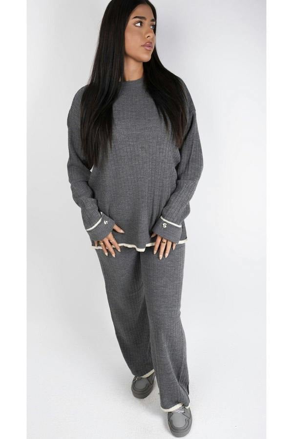 Lara Ribbed Contrast Trim Top And Wide Leg Trouser Co-ord Set - Grey