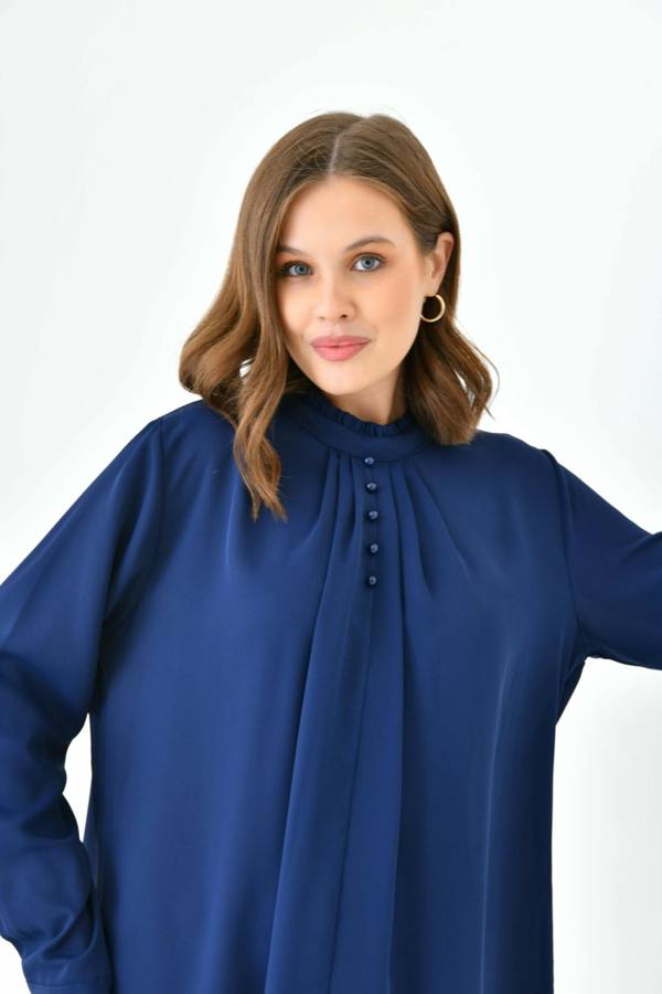 Hoxton Gal Oversized Long Sleeve Button Detailed Tunic Top in Navy