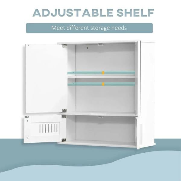White bathroom mirror cabinet with adjustable internal shelf, doors open and vented lower storage