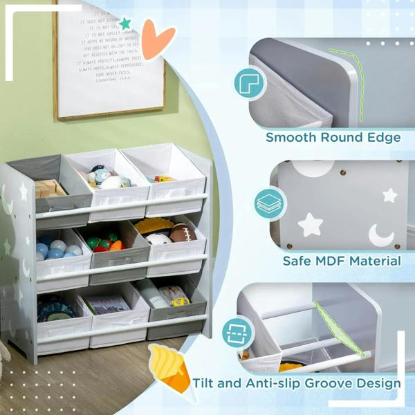Kids storage rack with smooth rounded edge, nine removable baskets in grey and white