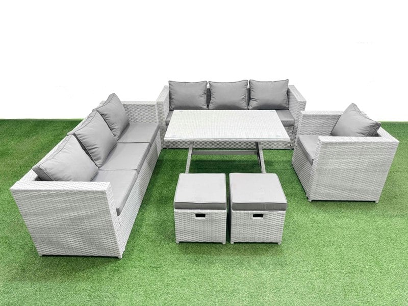 Fimous Outdoor Rattan Garden Furniture Dining Set 9 seater Patio Rectangular Table 3 Seater Sofa Armchair Set with 2 Small Stools
