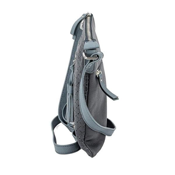 Pia Denim Blue Leather Cross-Body Bag, Laser-Cut Detail with Silver