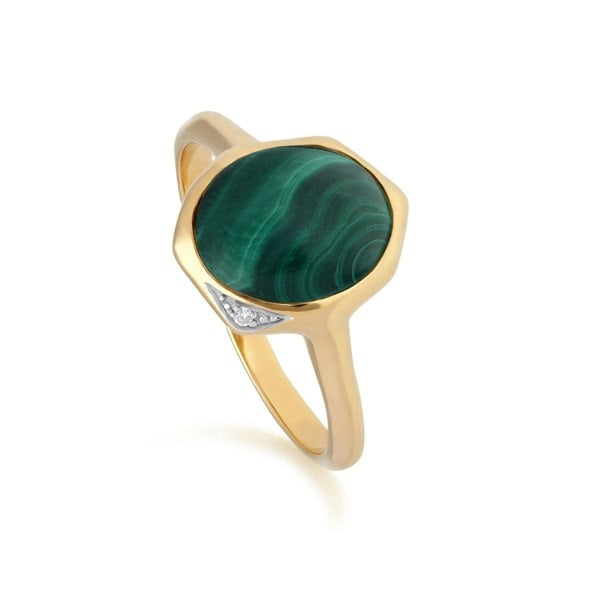 270R057506925 Irregular B Gem Malachite & Diamond Ring in Gold Plated Sterling Silver 1