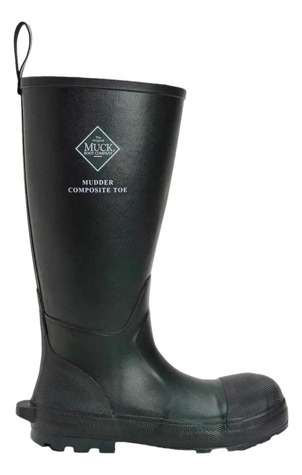 Muck Boots MUCK Boots Mudder S5 Mens Steel Toe Stable Farm Tall Wellington, waterproof rubber work boot with steel toe and slip-resistant sole for farm and stable work.