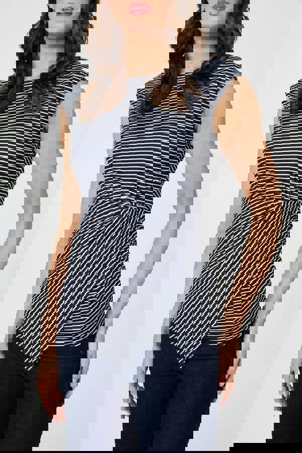 Navy | Striped Ruched Cap Sleeve Asymmetric Top