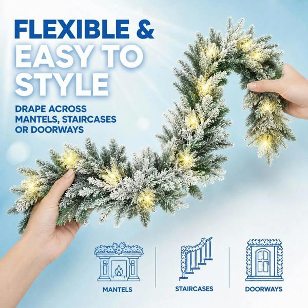 2m Pre-Lit Lapland Fir Christmas Wreath with 30 Warm White LEDs, Snow Flock Finish image 6
