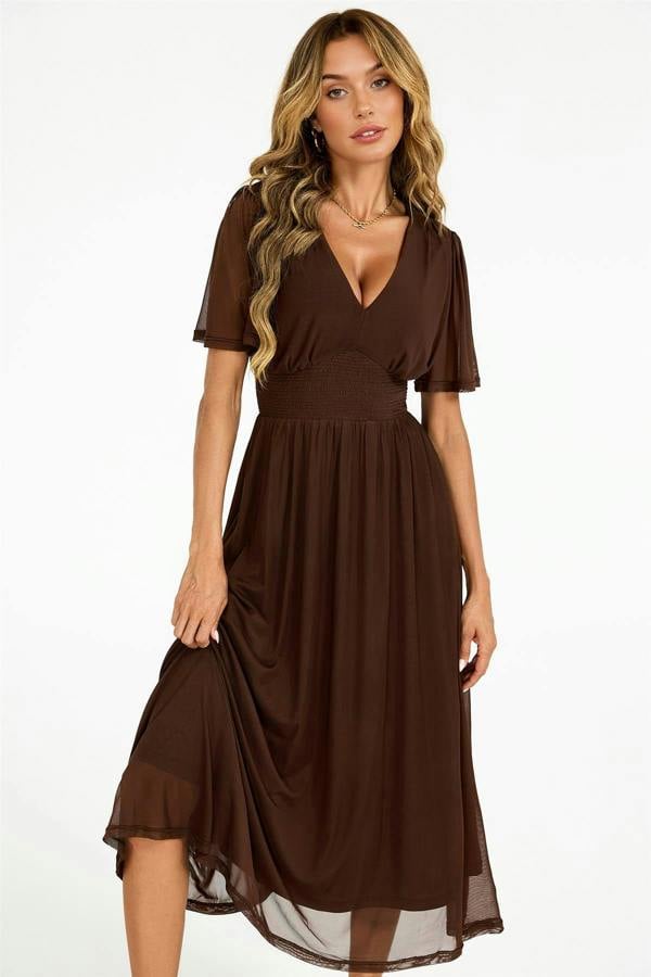 FS Collection Flutter Sleeve Mesh Midi Dress In Brown