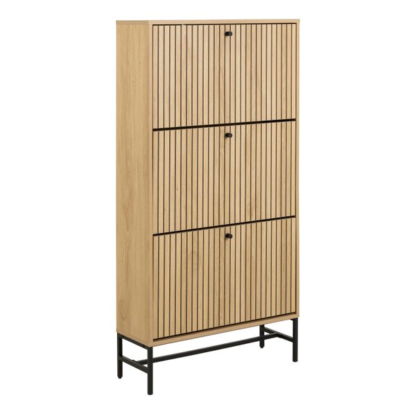 Wyld Haus Bjork Natural Oak Wood and Black Panelled Shoe Cabinet 3 Doors