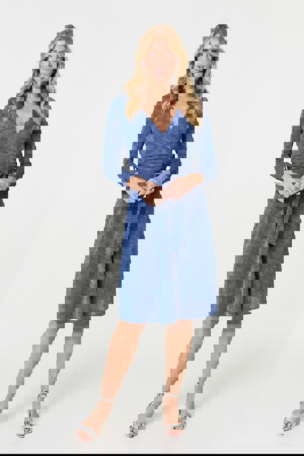 Blue | Floral Embossed Tie Waist Knee Length Dress
