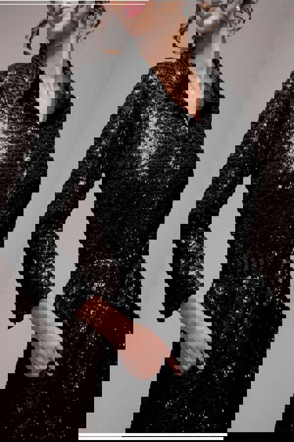 Sequin Skater Shirt Dress - Black DR4061