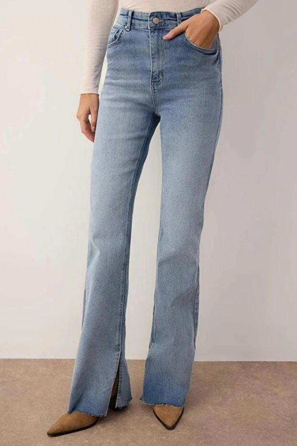 WOVCOR High Waist Flare Smoke Jeans with Slit Detail